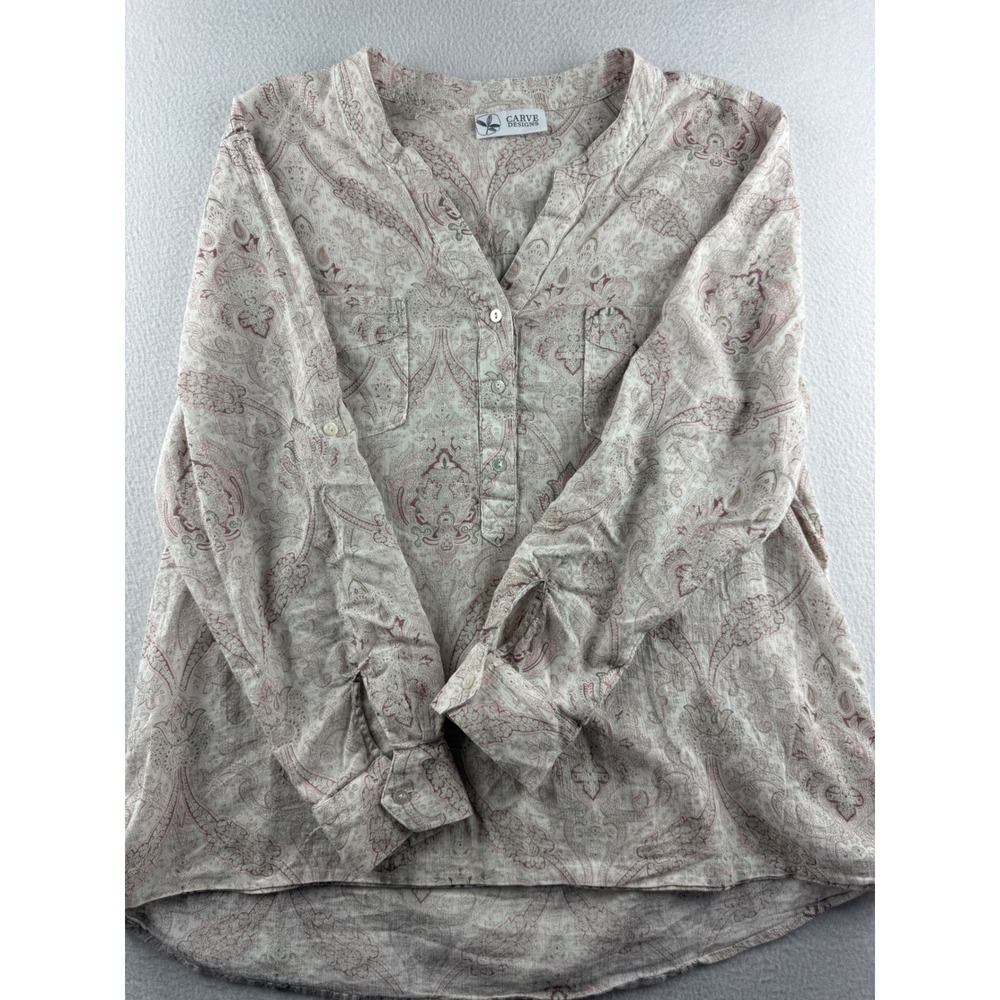 Carve Designs Womens XL Organic Cotton Paisley Roll Tab Sleeve Tunic Top Pink